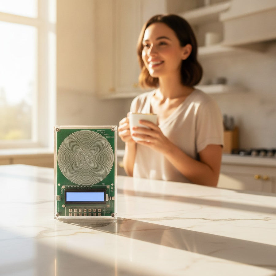 Femme souriante dans sa cuisine le matin, le générateur Frecance sur le plan de travail
